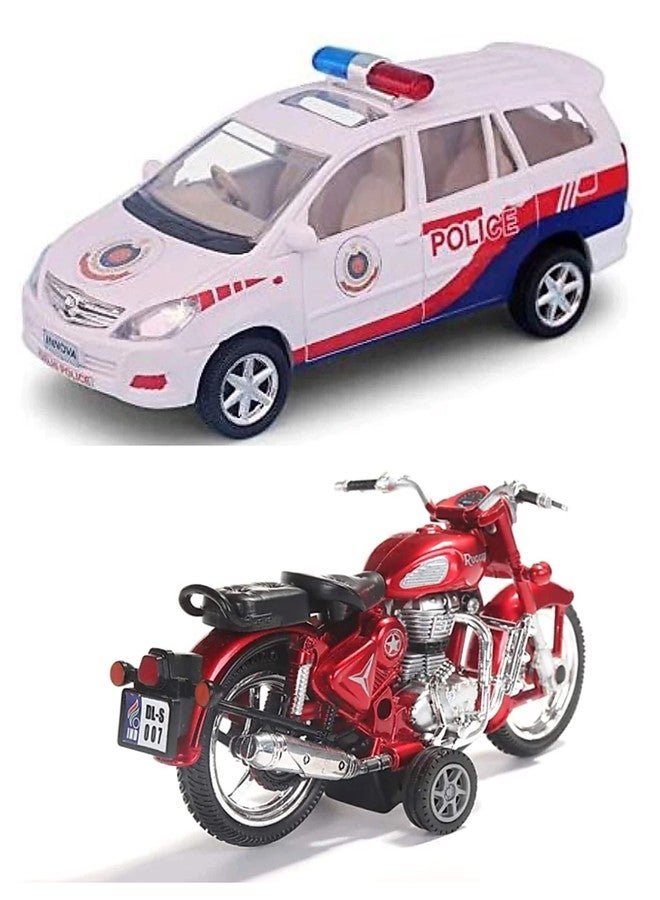 سنتي مجموعة ألعاب سنتي تويز المكونة من قطعتين - سيارة مطاردة الشرطة البيضاء ذات فتحة السقف ودراجة نارية حمراء متينة - عجلات معدنية واقعية وتصميم واقعي - حركة سحب للخلف - الدراجة تعمل بنظامي الحركة الحرة والسحب للخلف - Image 1